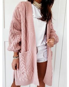 Pink Pockets Twist Crochet Oversize Long Sleeve Fashion Cardigan Sweater