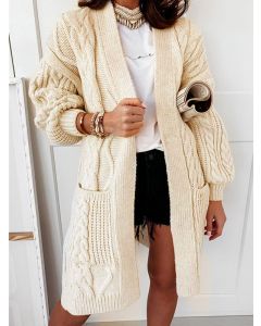 White Pockets Twist Crochet Oversize Long Sleeve Fashion Cardigan Sweater