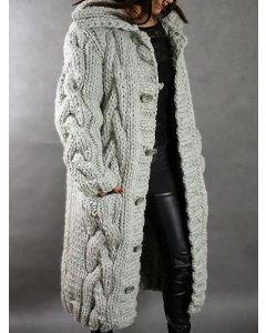 Light Grey Single Breasted Pockets Twist Crochet Hooded Fashion Plus Size Cardigan Sweater