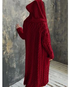 Wine Red Pockets Twist Crochet Long Sleeve Fashion Plus Size Cardigan Sweater