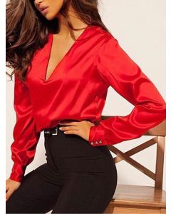 Red Studded Alluring Deep V-neck Long Sleeve Fashion Blouse