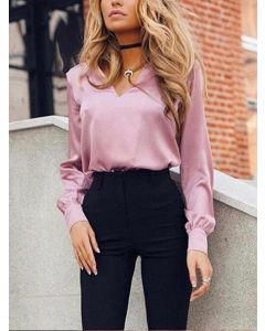 Pink Studded Alluring Deep V-neck Long Sleeve Fashion Blouse