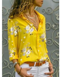 Yellow Flowers Print Turndown Collar Fashion Plus Size Blouse