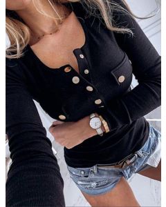 Black Single Breasted Long Sleeve Fashion Plus Size T-Shirt
