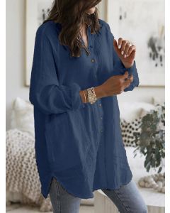 Blue Pockets Single Breasted Slits On Both Sides Long Sleeve Casual Blouse