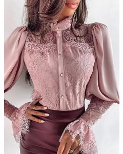 Pink Patchwork Lace Single Breasted Long Sleeve Fashion Blouse