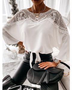 White Patchwork Lace Backless Round Neck Dolman Sleeve Fashion Blouse
