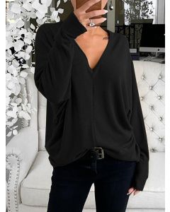Camiseta cuello en V con hombros descubiertos manga larga tallas grandes A la moda negro