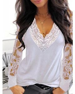 White Patchwork Lace Long Sleeve Fashion Plus Size T-Shirt