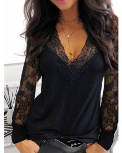 Black Patchwork Lace Long Sleeve Fashion Plus Size T-Shirt