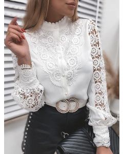 White Patchwork Single Breasted Lace Band Collar Fashion Blouse