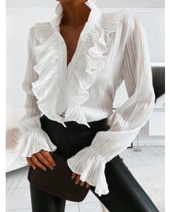 White Buttons Cascading Ruffle Long Sleeve Elegant Blouse