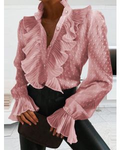 Pink Single Breasted Ruffle Long Sleeve Fashion Chiffon Blouse