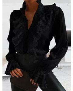 Black Single Breasted Ruffle Long Sleeve Fashion Chiffon Blouse
