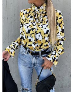 Yellow Butterfly Print Lace Up Ruffle Long Sleeve Fashion Blouse