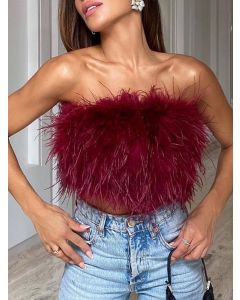 Wine Red Bandeau Midriff Feather Off Shoulder Sleeveless Fashion Vest