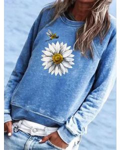 Blue Sunflower Print Round Neck Long Sleeve Casual Sweatshirt