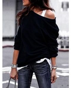 Schwarzes schräges schulterfreies langärmliges Mode-Sweatshirt