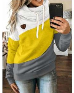 Yellow Patchwork Color Block Drawstring Hooded Long Sleeve Casual Plus Size Sweatshirt