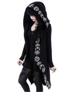 Black Moon Print High-low Hooded Long Sleeve Fashion Plus Size Coat