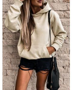 Beige Pockets Comfy Hooded Long Sleeve Going out Sweatshirt
