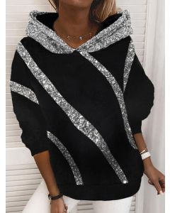 Black Patchwork Striped Sequin Hooded Long Sleeve Fashion Sweatshirt