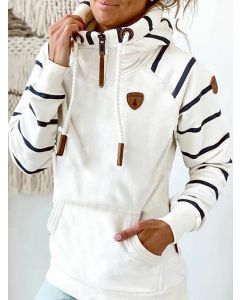 White Patchwork Striped Drawstring Pockets Hooded Long Sleeve Casual Sweatshirt