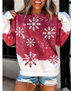 Red Patchwork Snow Print Long Sleeve Fashion Plus Size Christmas Sweatshirt
