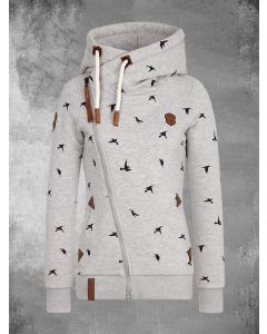 Grey Bird Print Drawstring Zipper Hooded Long Sleeve Casual Sweatshirt