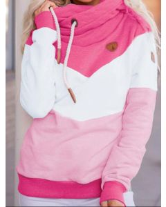 Pink Patchwork Color Block Drawstring Hooded Long Sleeve Fashion Sweatshirt