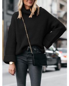 Black Crochet Oversize High Neck Long Sleeve Fashion Sweater