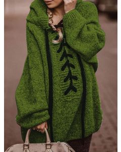 Suéter cordón de encaje con capucha de ganchillo manga larga casual de talla grande verde