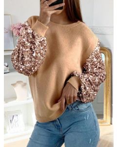 Khaki Patchwork Sequin Crochet Round Neck Long Sleeve Fashion Sweater