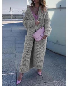Grey Pockets Crochet Long Sleeve Fashion Plus Size Cardigan Sweater