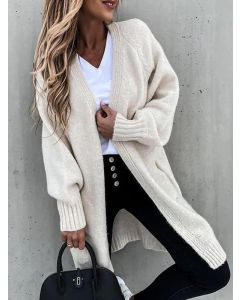 Beige Pockets Crochet Oversize Long Sleeve Casual Cardigan Sweater