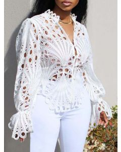 White Single Breasted Irregular Lace V-neck Flare Sleeve Fashion Blouse