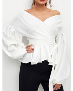White Ruffle Belt Lace Up Cross Chest Off Shoulder Long Sleeve Sweet Blouse