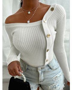 White Buttons Crochet Off Shoulder Irregular Collar Fashion Sweater